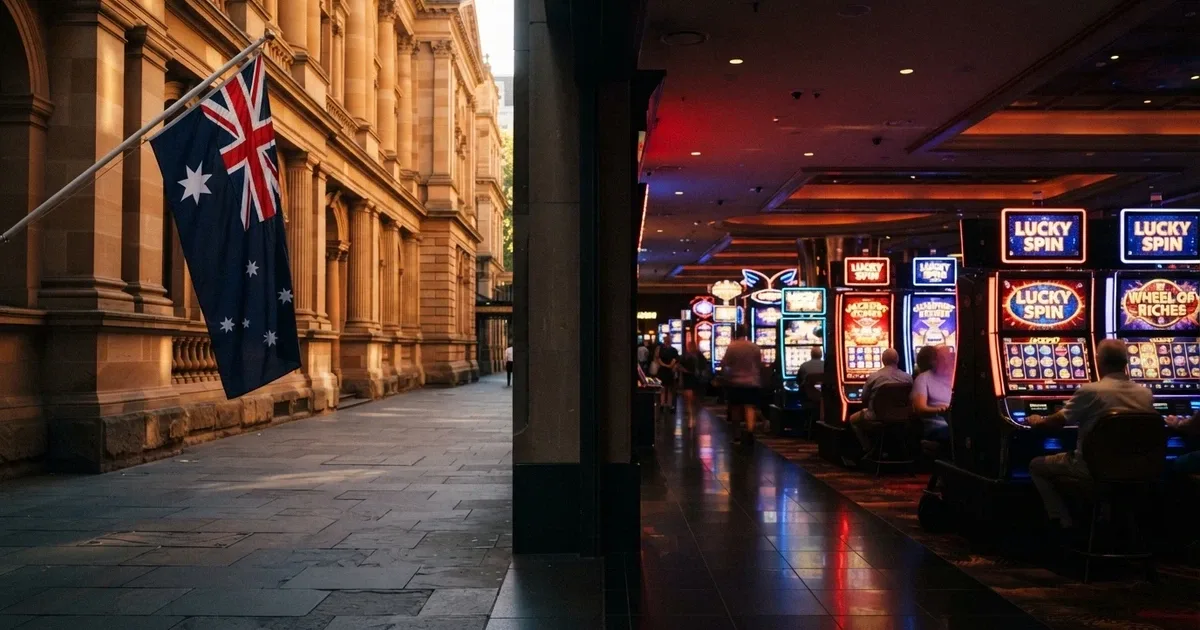 A split composition: on one side the Australian flag and a government building facade, on the other a glowing Microgaming casino lobby with pokie reels spinning