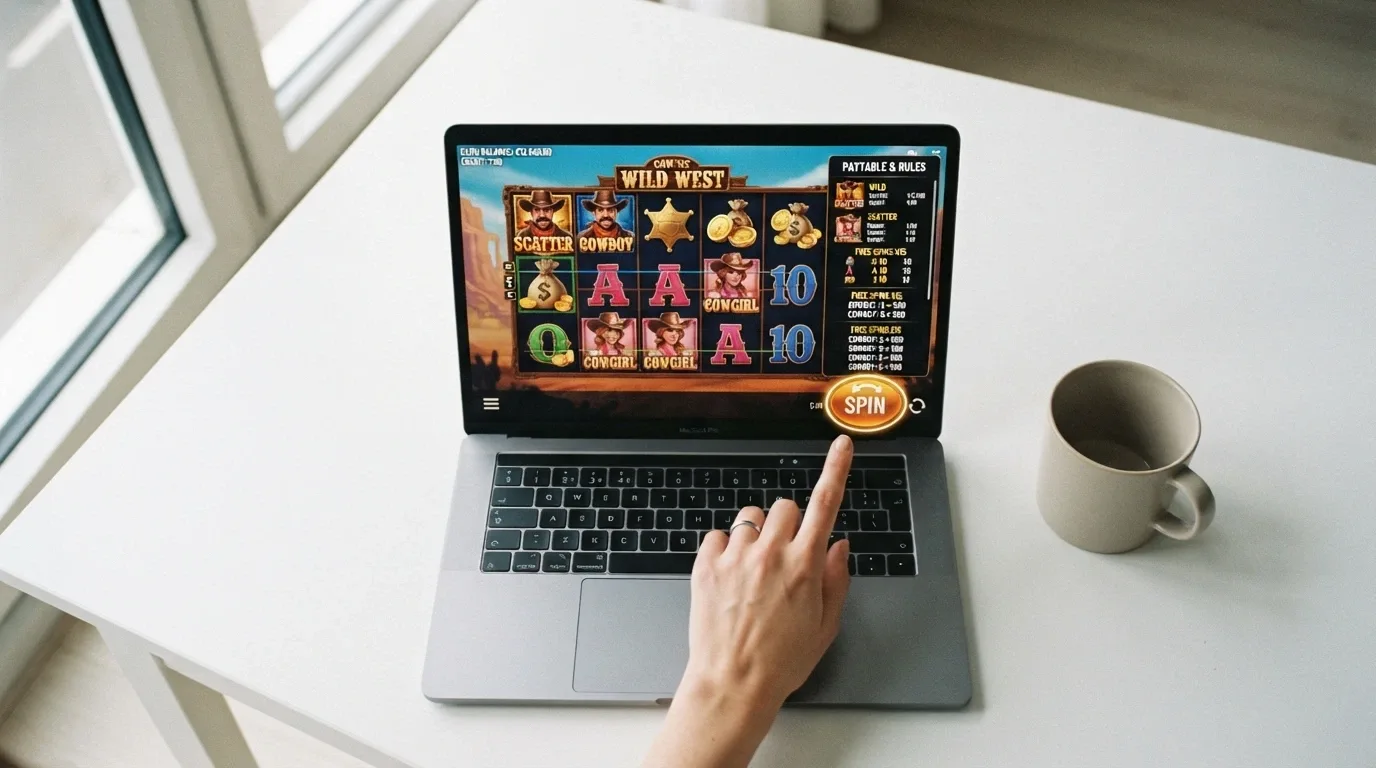 A Microgaming slot in demo mode with a practice-balance display, the spin button highlighted and a game-rules panel open