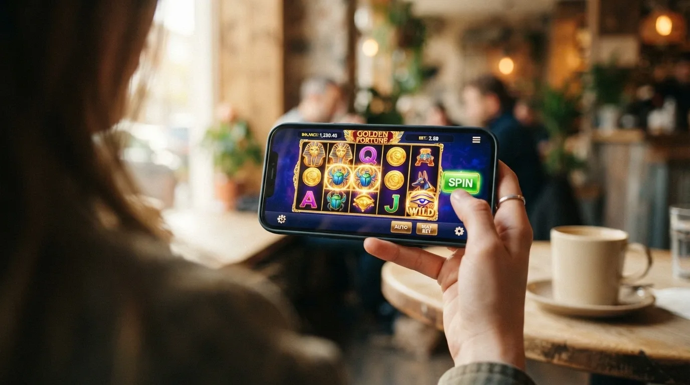 A smartphone held in one hand displaying a Microgaming pokie in landscape orientation, thumb hovering over the spin button, café table visible in background